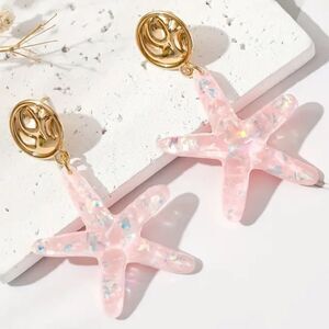 🌸Pink Sparkly Nautical Starfish Post back Drop Earrings